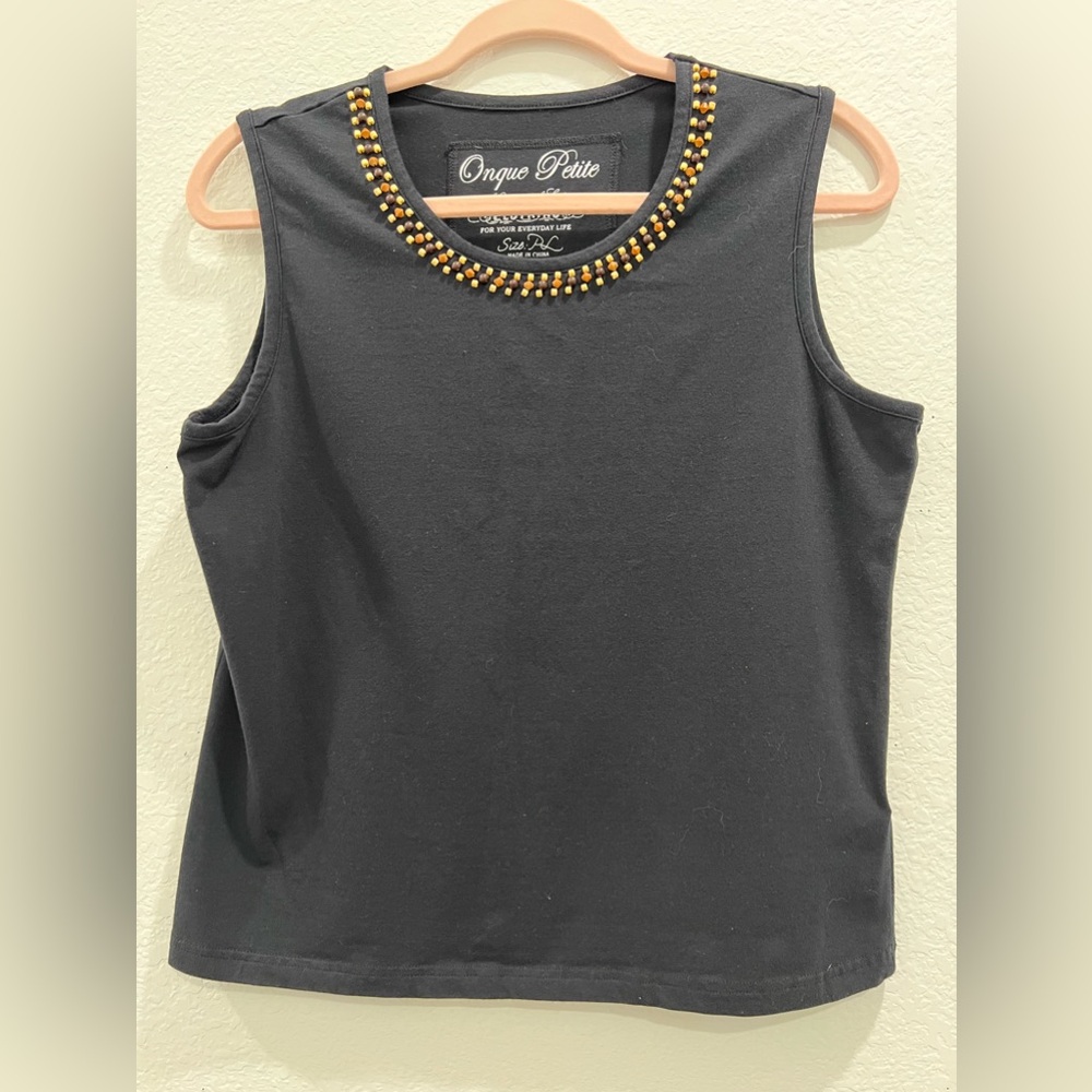 Onque Tank Top Women’s Petite‎ Large Black Brown Beige Beaded Crew Sleeveless